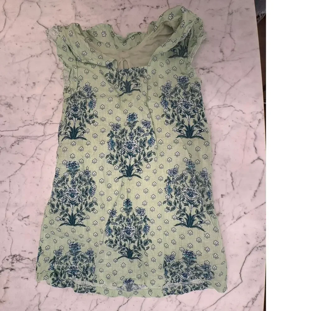 Roller Rabbit Yarrow Brenna Green Blue Floral Print Girls lined Linen Dress 6
